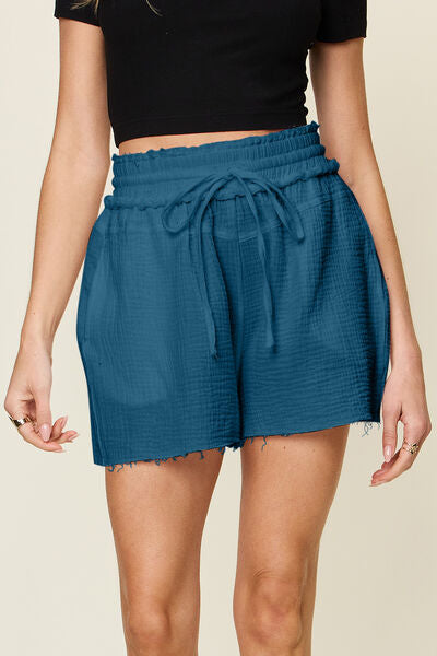 Double Take Full Size Texture Raw Trim Drawstring Shorts Dark Blue for a perfect OOTD – dress to impress outfits from Amexza