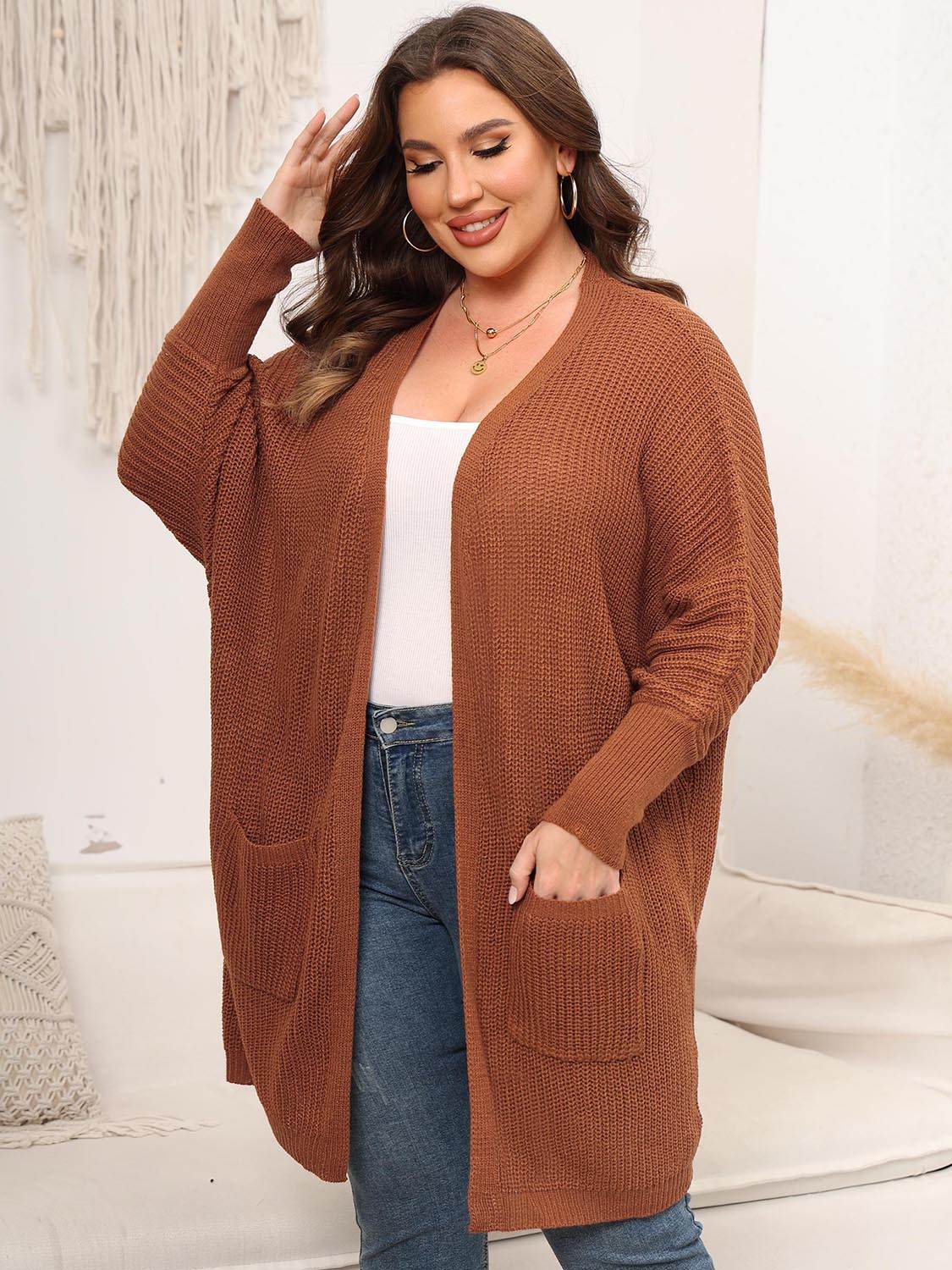 Plus Size Open Front Cardigan With Pockets - Amexza