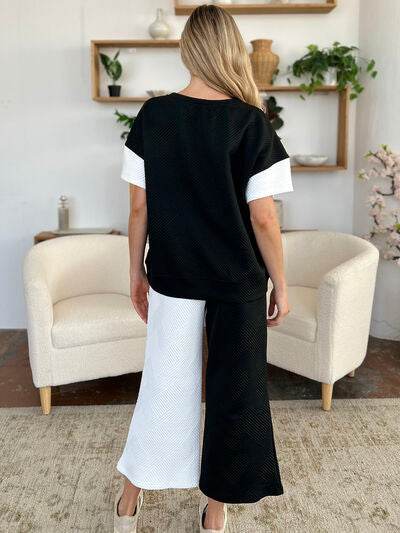 Double Take Full Size Texture Contrast T-Shirt and Wide Leg Pants Set for a perfect OOTD – dress to impress outfits from Amexza