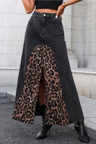 Slit Leopard Midi Denim Skirt Black for a perfect OOTD – dress to impress outfits from Amexza