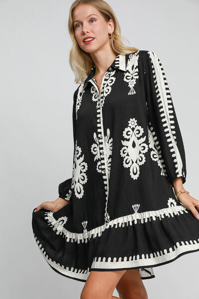 Umgee Border Print Button Down Ruffled Hem Dress Black for a perfect OOTD – dress to impress outfits from Amexza