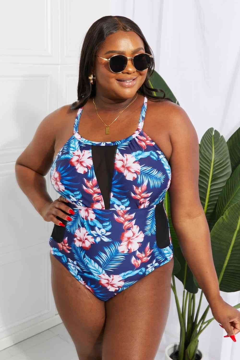 Floral Crisscross Spliced Mesh One-Piece Swimsuit for a perfect OOTD – dress to impress outfits from Amexza