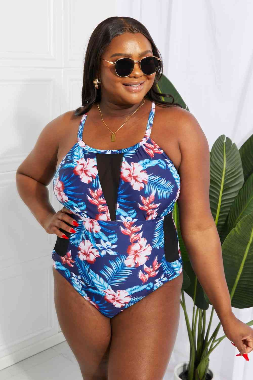 Floral Crisscross Spliced Mesh One-Piece Swimsuit for a perfect OOTD – dress to impress outfits from Amexza