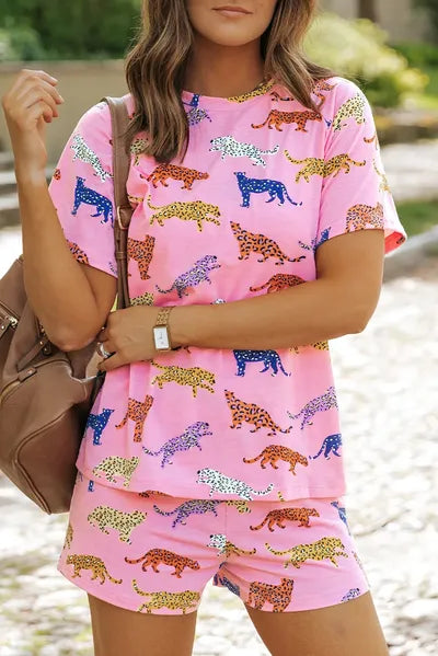 Animal Round Neck Top and Shorts Lounge Set Pink for a perfect OOTD – dress to impress outfits from Amexza