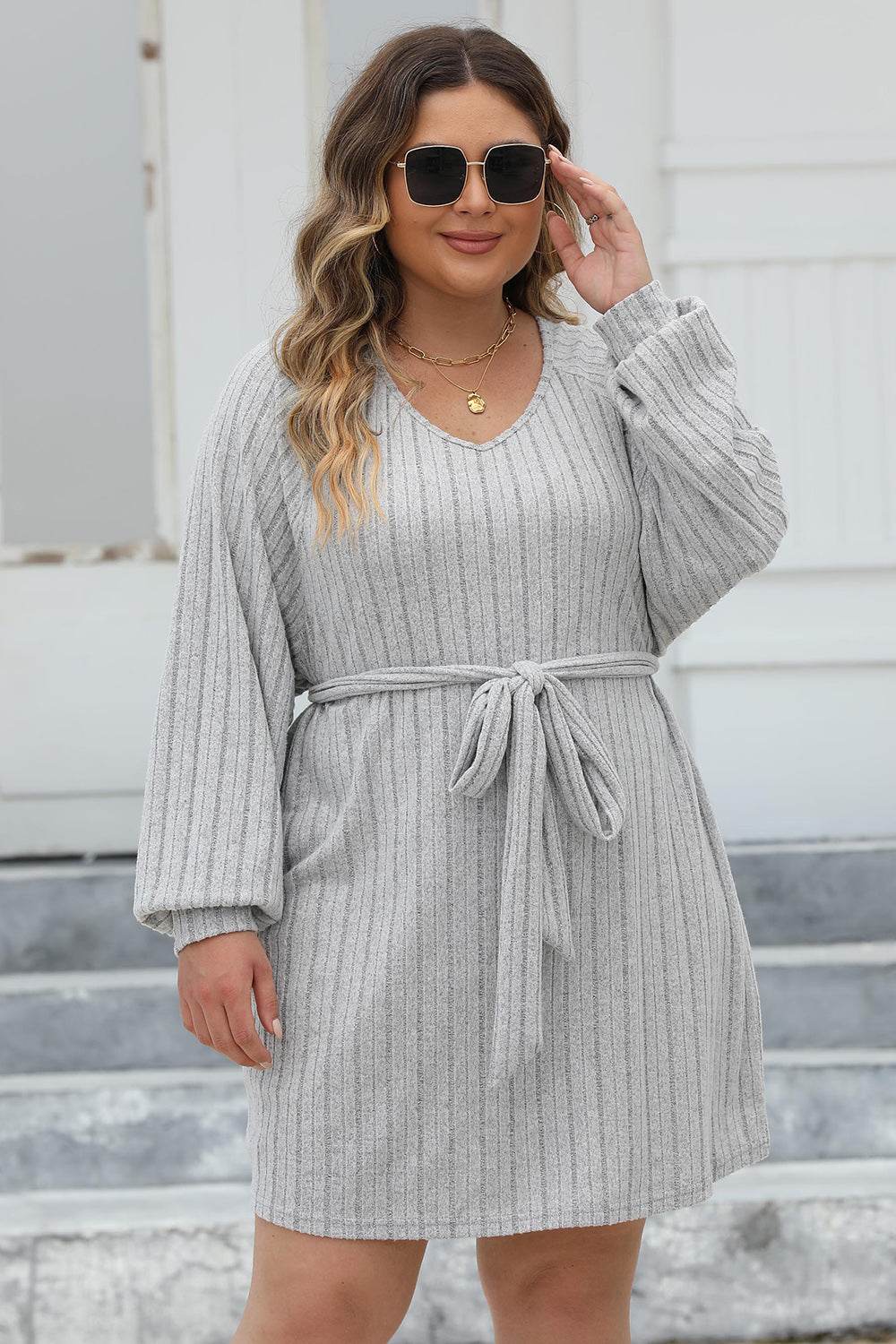 Plus Size Ribbed Tie Front Long Sleeve Sweater Dress for a perfect OOTD – dress to impress outfits from Amexza