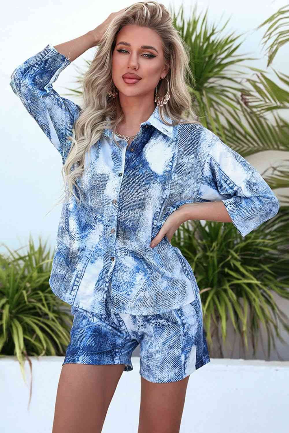 Three-Quarter Sleeve Shirt and Shorts Set Blue for a perfect OOTD – dress to impress outfits from Amexza