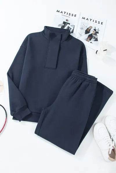 Half Snap Long Sleeve Top and Pants Active Set - Amexza