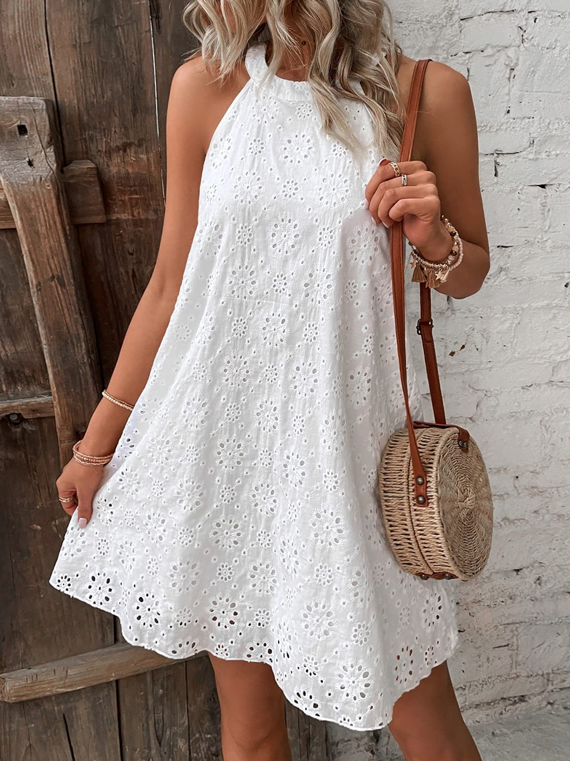 Eyelet Grecian Neck Mini Dress