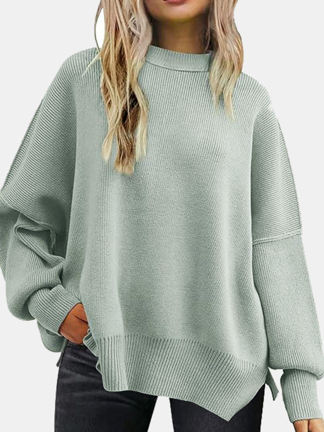 Round Neck Drop Shoulder Slit Sweater - Amexza