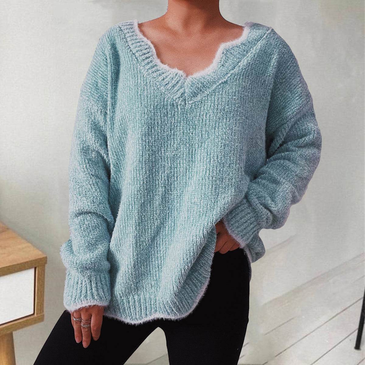 V-Neck Drop Shoulder Long Sleeve Sweater Teal for a perfect OOTD – dress to impress outfits from Amexza