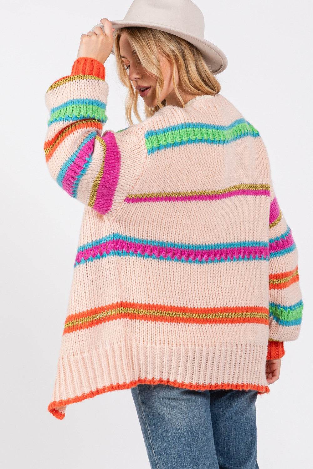 SAGE + FIG Rainbow Striped Open Front Knit Cardigan - Amexza