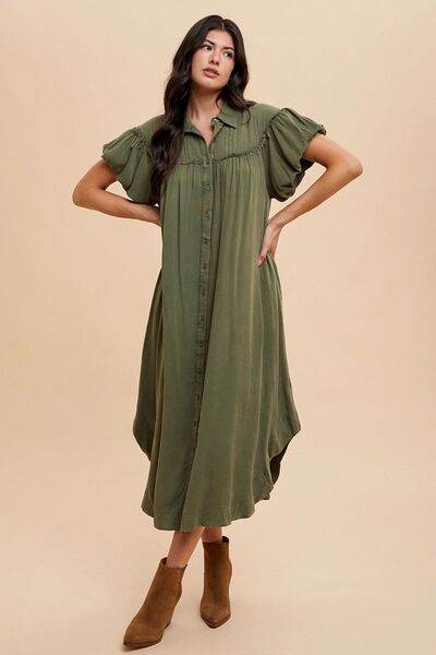 Annie Wear Mineral Washed Button Down Puff Sleeve Shirt Dress Army Green for a perfect OOTD – dress to impress outfits from Amexza