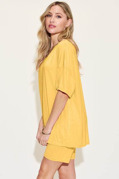 Basic Bae Bamboo Full Size V-Neck Drop Shoulder T-Shirt and Shorts Set for a perfect OOTD – dress to impress outfits from Amexza