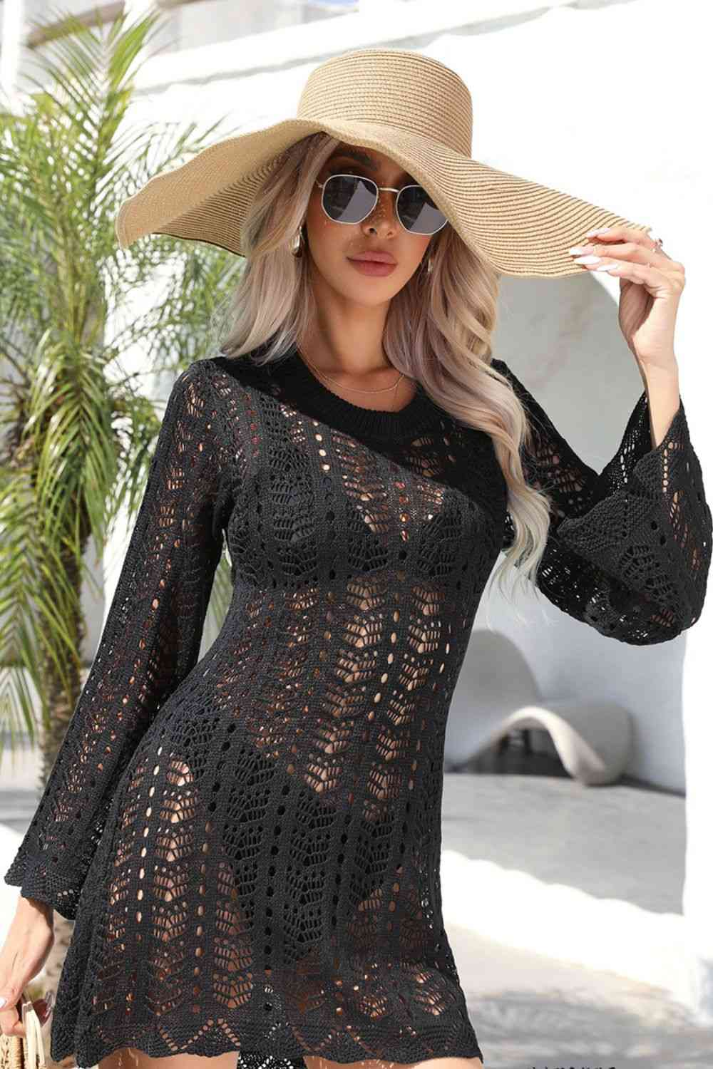 Angel Wings Openwork Scalloped Trim Long Sleeve Cover-Up Dress for a perfect OOTD – dress to impress outfits from Amexza