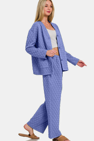 Zenana Quilted Button Up Long Sleeve Top and Pants Lounge Set for a perfect OOTD – dress to impress outfits from Amexza