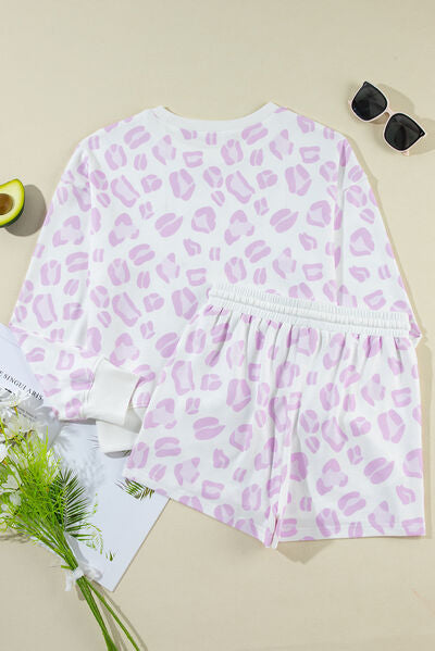 Leopard Long Sleeve Top and Drawstring Shorts Lounge Set for a perfect OOTD – dress to impress outfits from Amexza