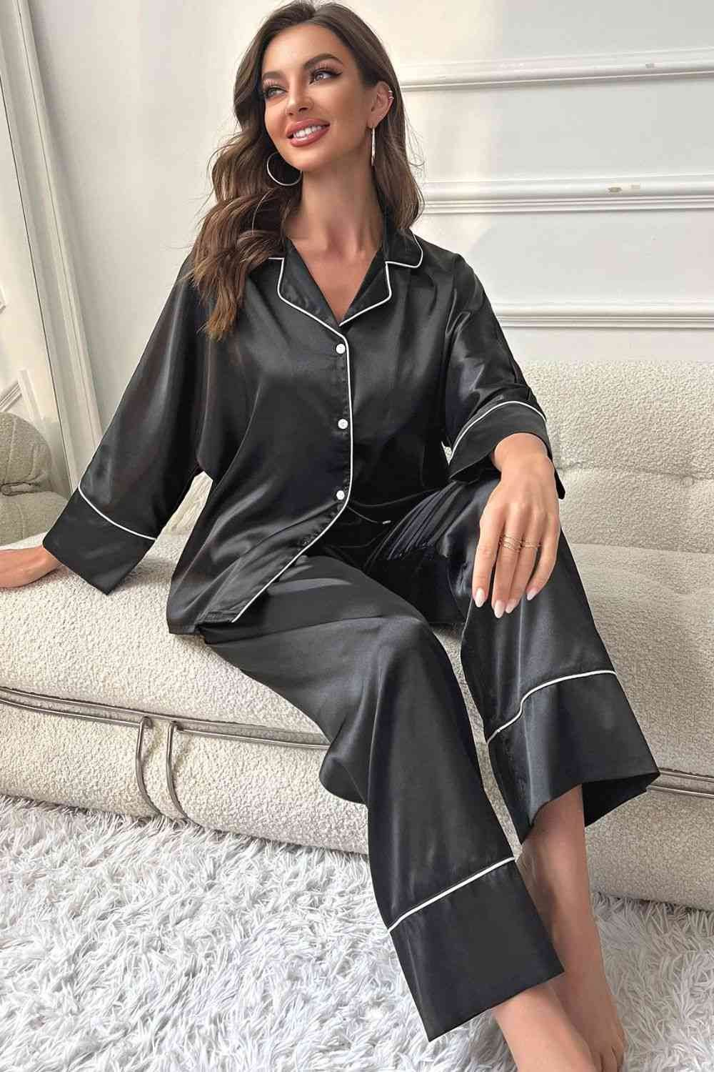 Contrast Piping Button-Up Top and Pants Pajama Set for a perfect OOTD – dress to impress outfits from Amexza