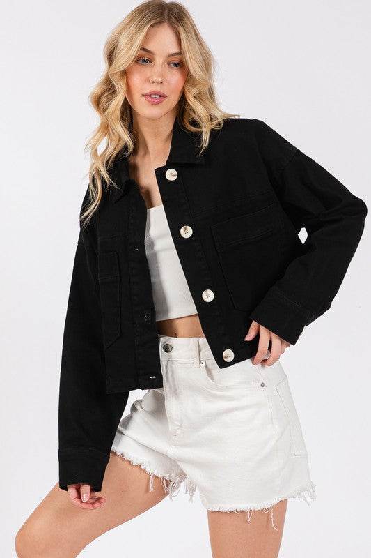 bytos Button Down Cropped Denim Jacket with Patch Pockets Black for a perfect OOTD – dress to impress outfits from Amexza