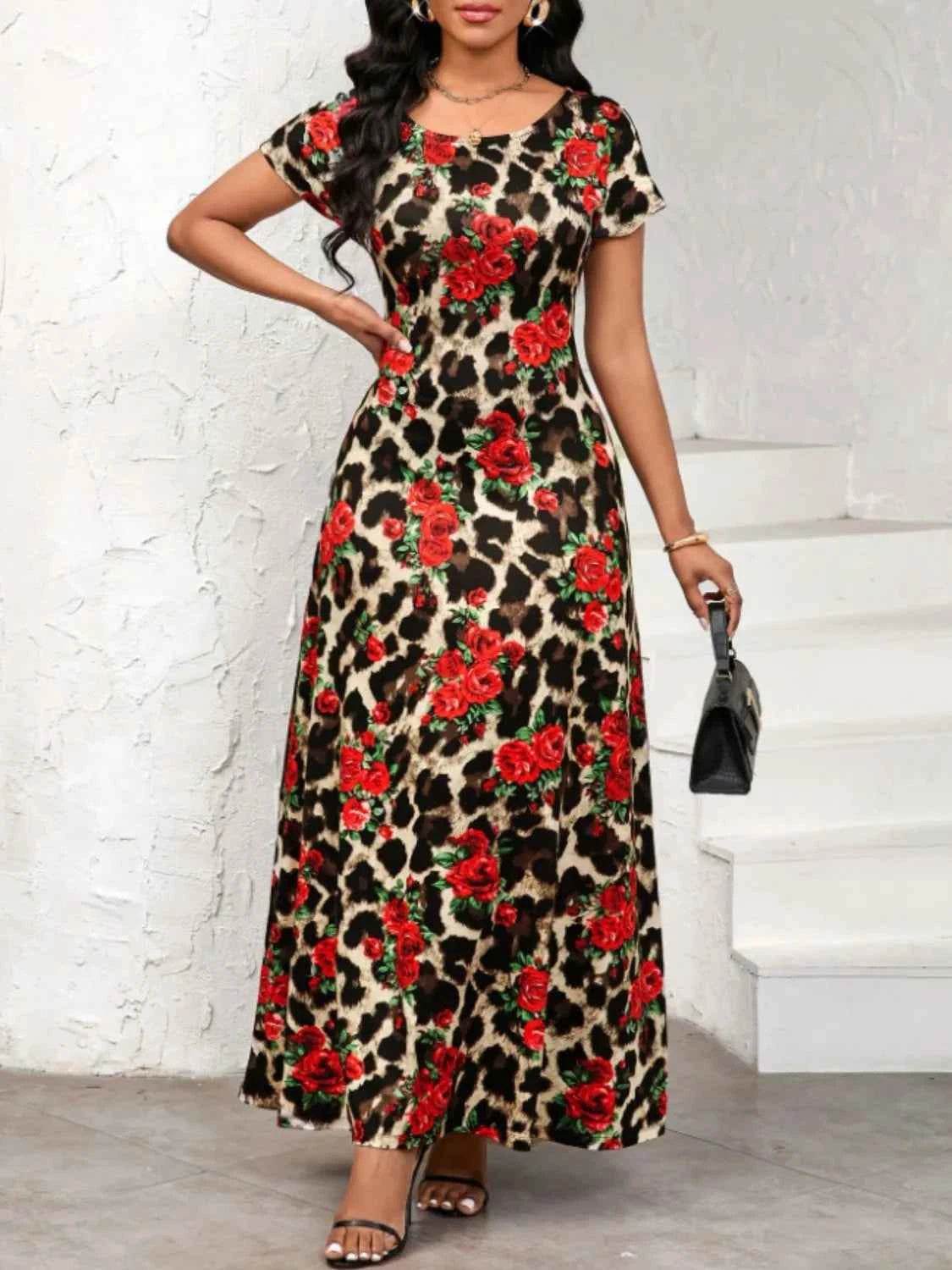 Printed Round Neck Short Sleeve Maxi Tee Dress Scarlet for a perfect OOTD – dress to impress outfits from Amexza