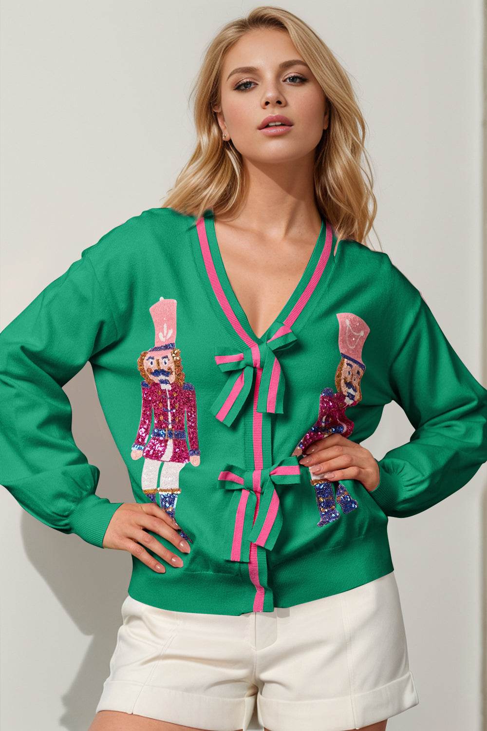 Double Take Full Size Nutcracker Sequin Bow Decor Cardigan Green for a perfect OOTD – dress to impress outfits from Amexza