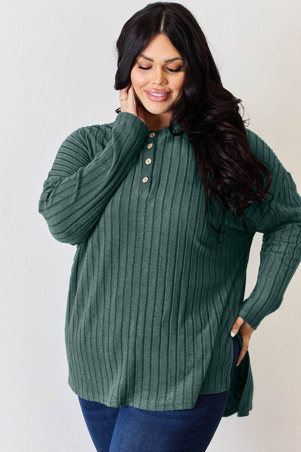 Basic Bae Full Size Ribbed Half Button Long Sleeve High-Low T-Shirt for a perfect OOTD – dress to impress outfits from Amexza