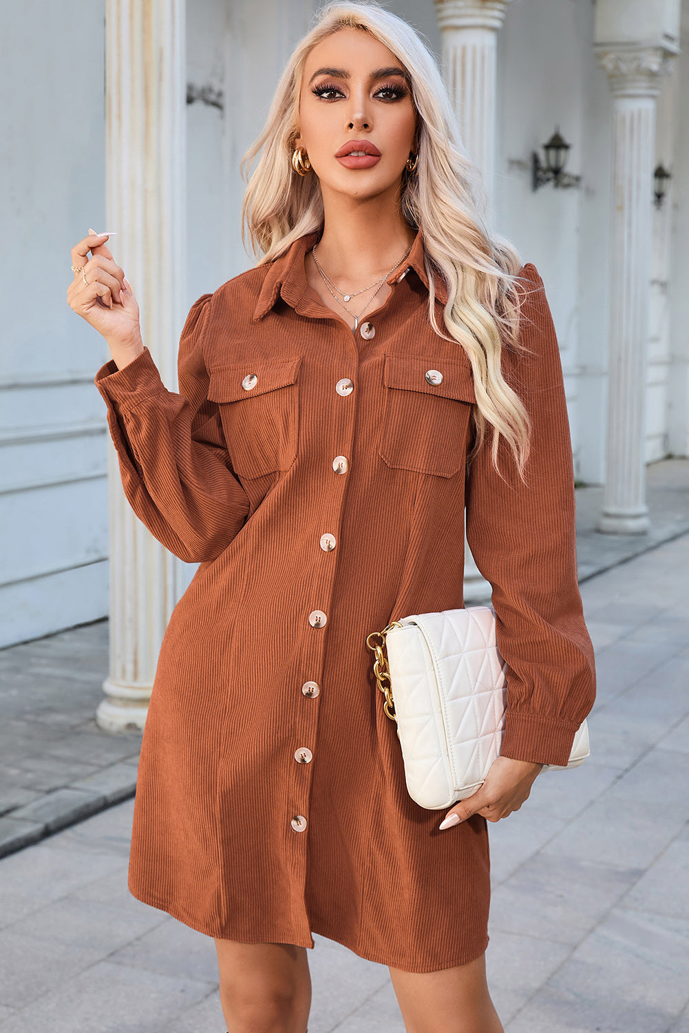 Button Down Puff Sleeve Dress - Ochre / S