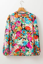 Floral Tie Neck Balloon Sleeve Blouse - Amexza