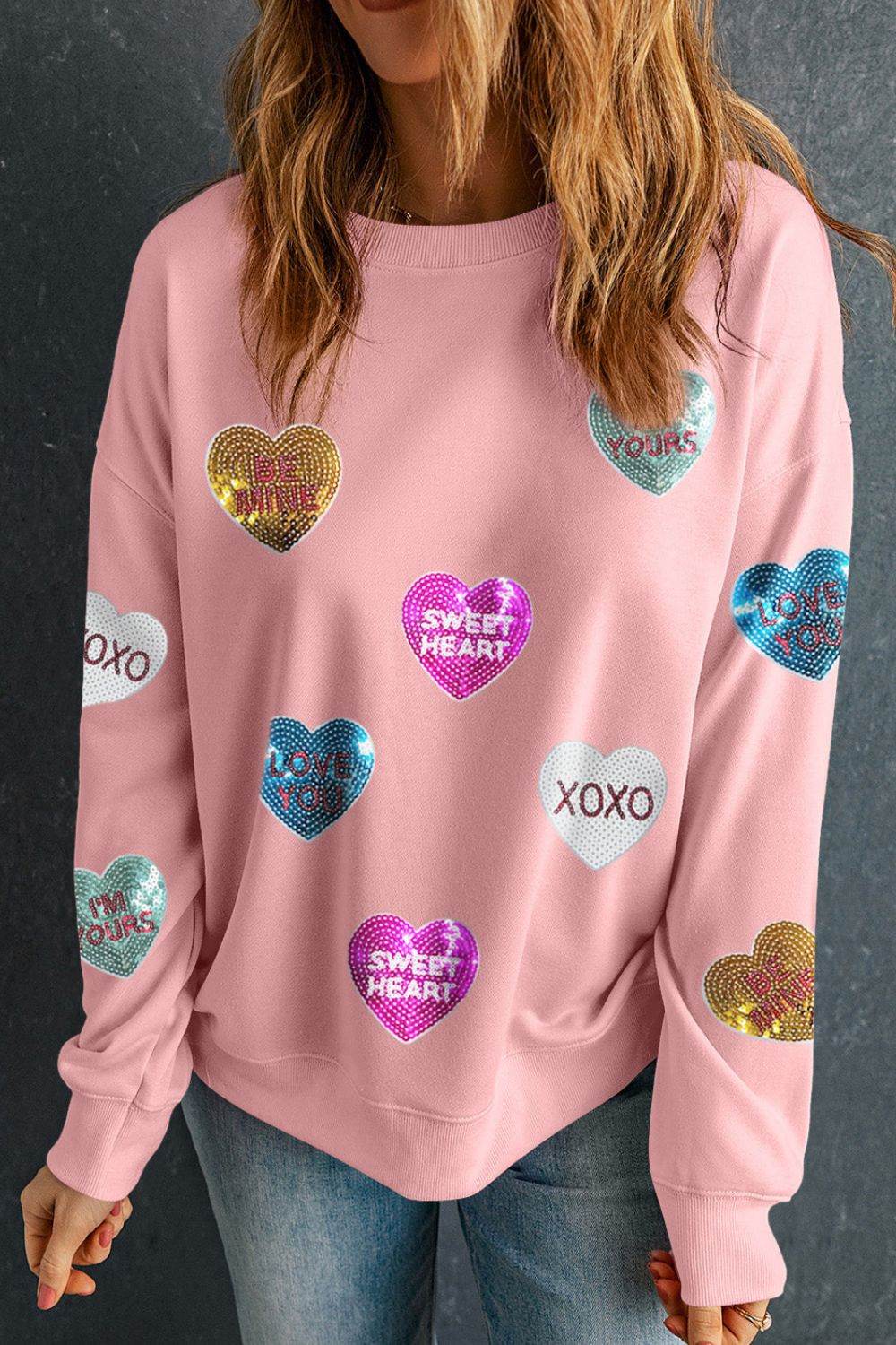 Valentine’s Day Sequin Heart Round Neck Long Sleeve Sweatshirt for a perfect OOTD – dress to impress outfits from Amexza