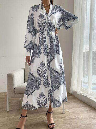 Printed Notched Lantern Sleeve Midi Dress White for a perfect OOTD – dress to impress outfits from Amexza