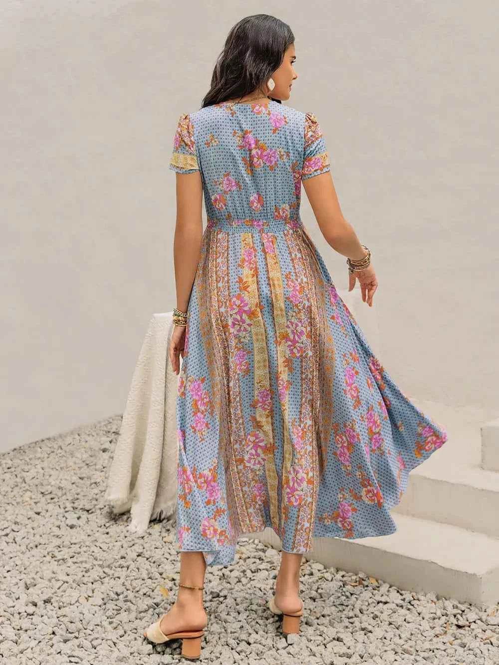 Smocked Floral V-Neck Short Sleeve Midi Dress for a perfect OOTD – dress to impress outfits from Amexza