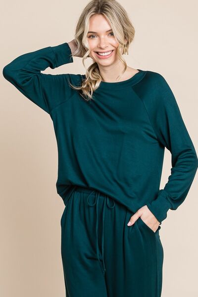 Super Lady Round Neck Raglan Sleeve Top and Drawstring Pants Lounge Set Hunter Green for a perfect OOTD – dress to impress outfits from Amexza