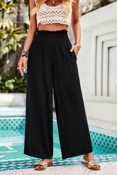 Devine Smocked Wide Leg Pants with Pockets Black for a perfect OOTD – dress to impress outfits from Amexza