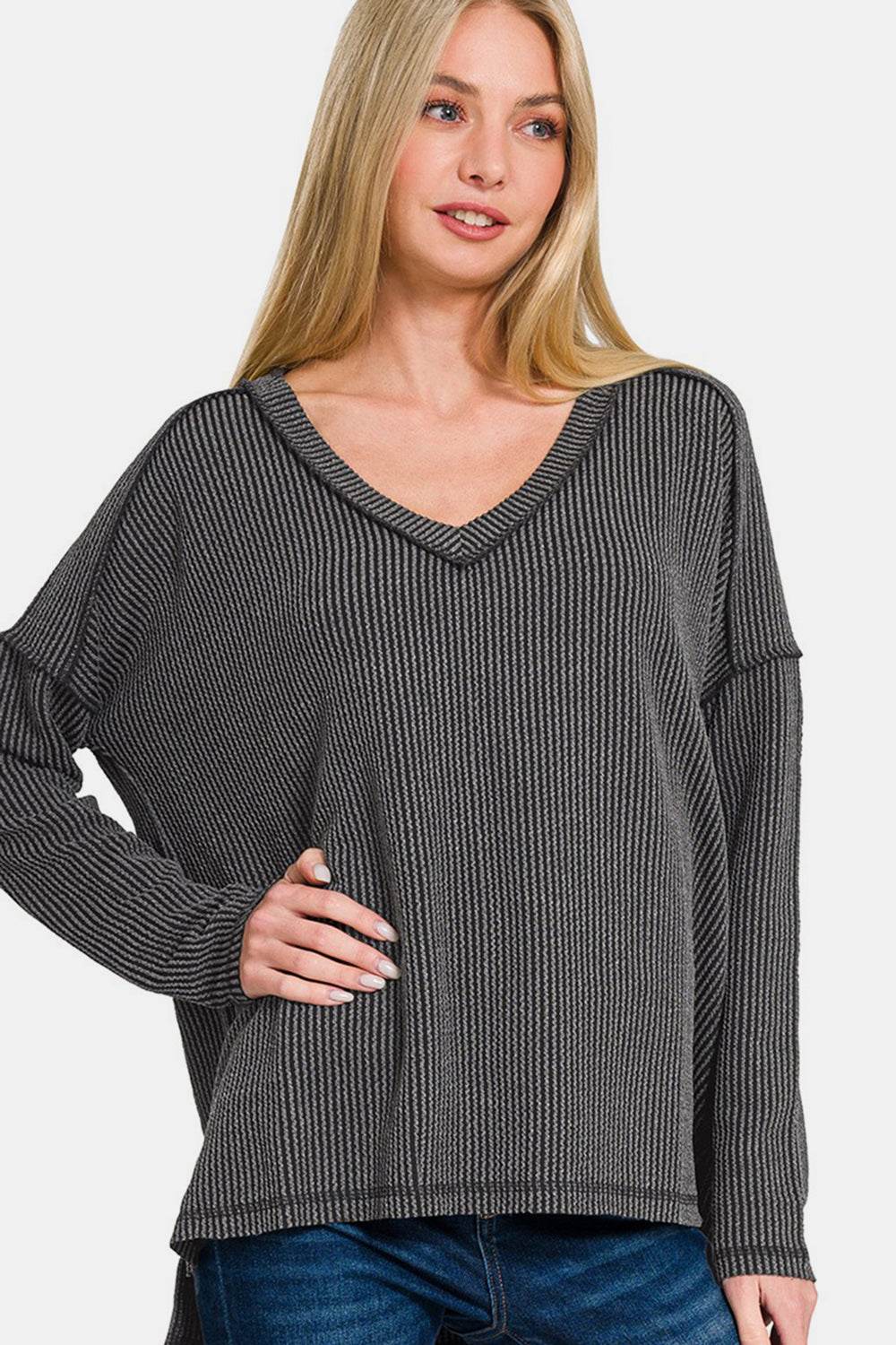 Zenana Texture Exposed Seam V-Neck Long Sleeve T-Shirt Charcoal for a perfect OOTD – dress to impress outfits from Amexza