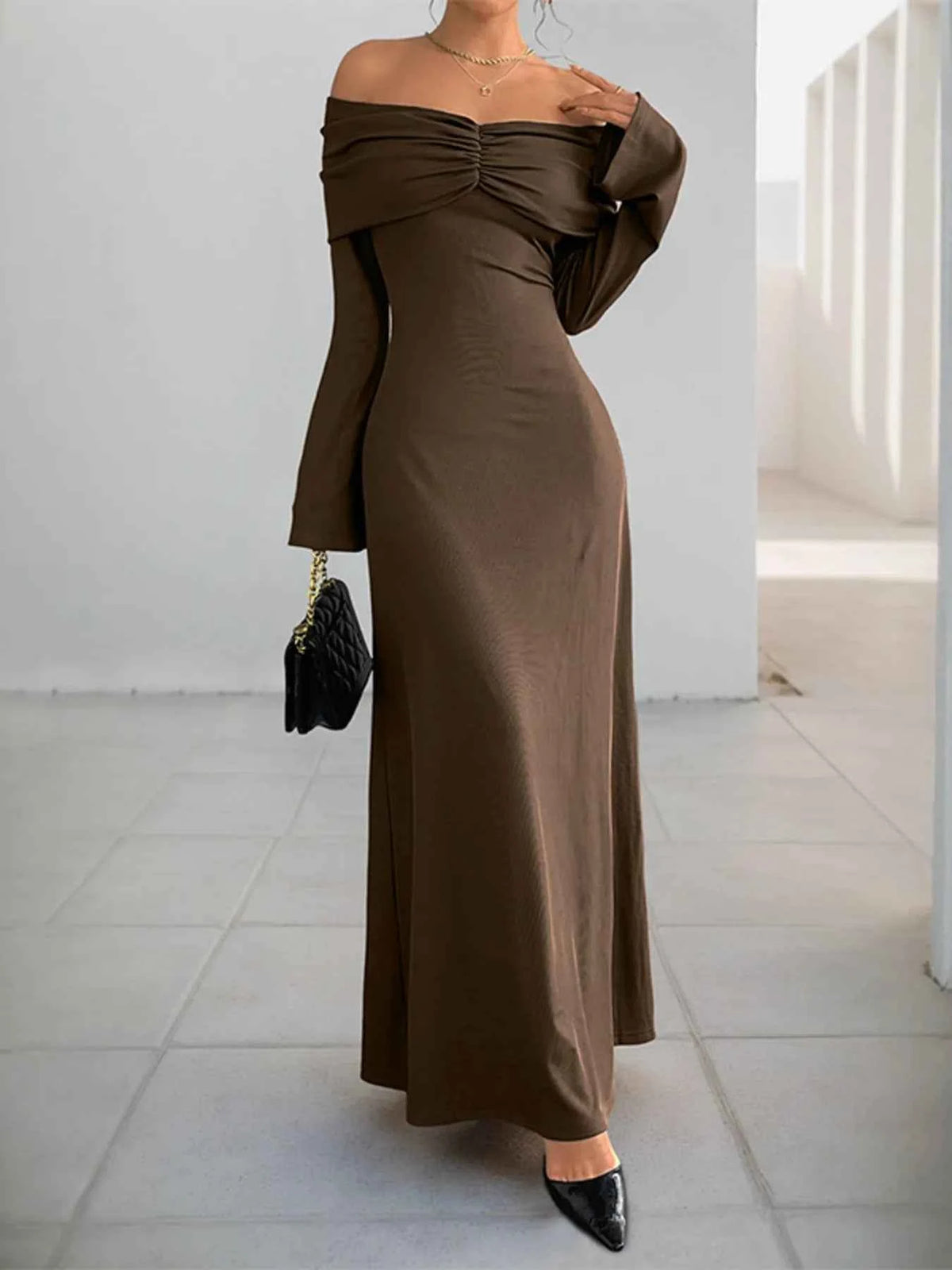 Off-Shoulder Long Sleeve Bodycon Maxi Dress