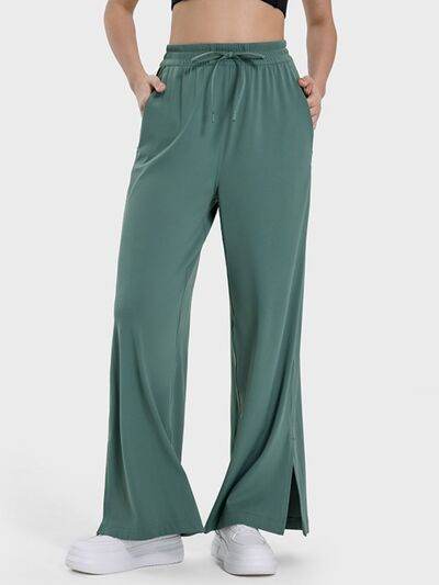 Millennia Slit Wide Leg Active Pants Dark Green for a perfect OOTD – dress to impress outfits from Amexza