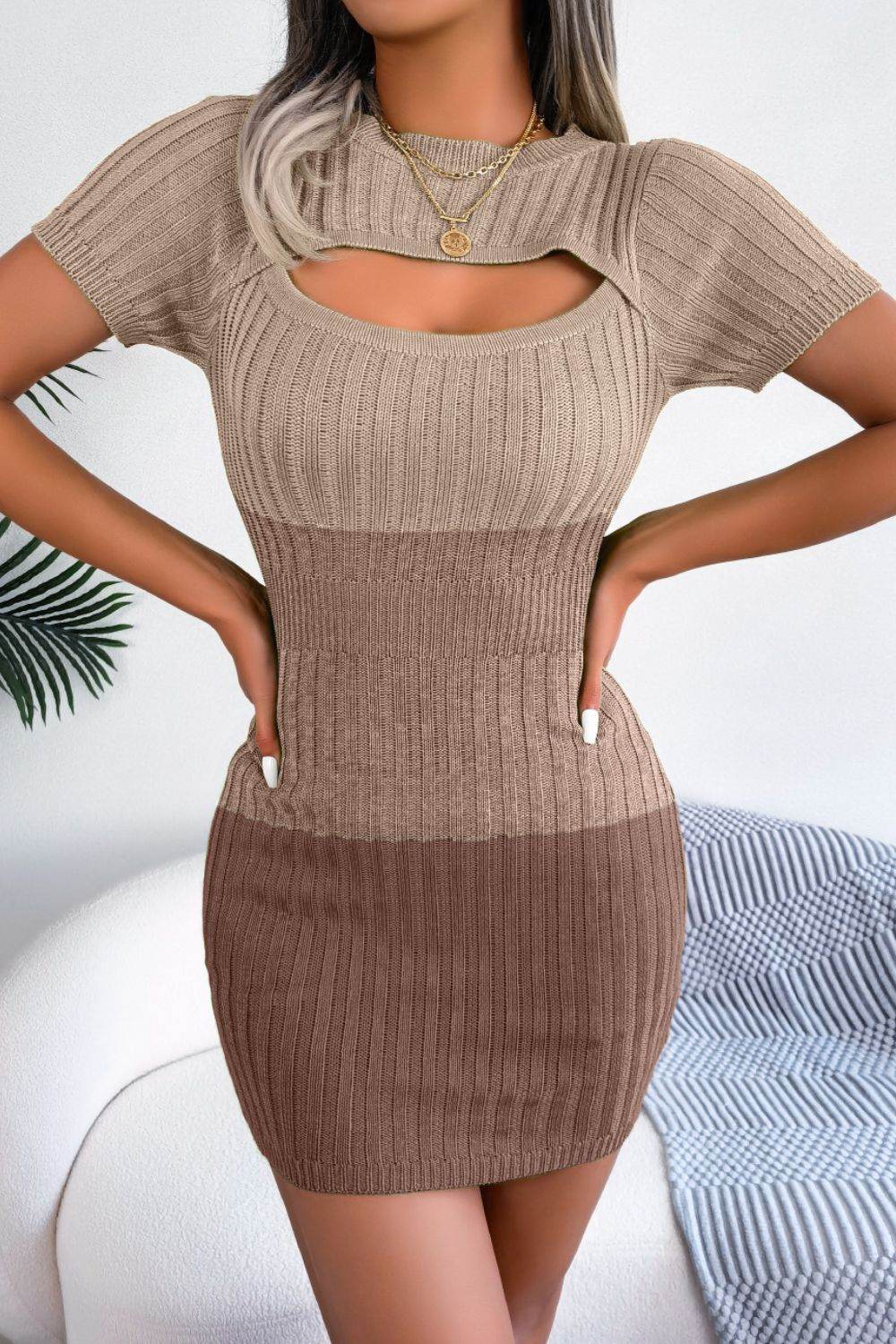 Color Block Cutout Short Sleeve Sweater Dress Khaki for a perfect OOTD – dress to impress outfits from Amexza
