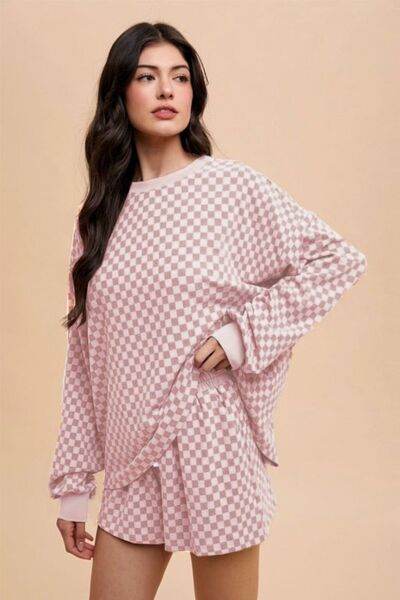 Annie Wear Checkered Round Neck Top and Drawstring Shorts Set Blush Pink for a perfect OOTD – dress to impress outfits from Amexza