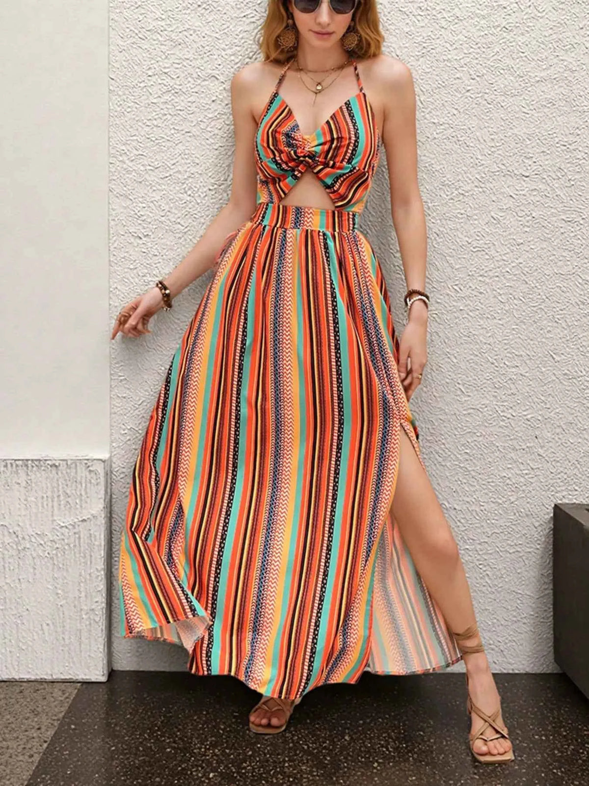 Striped Halter Maxi Dress with Cutout Detail