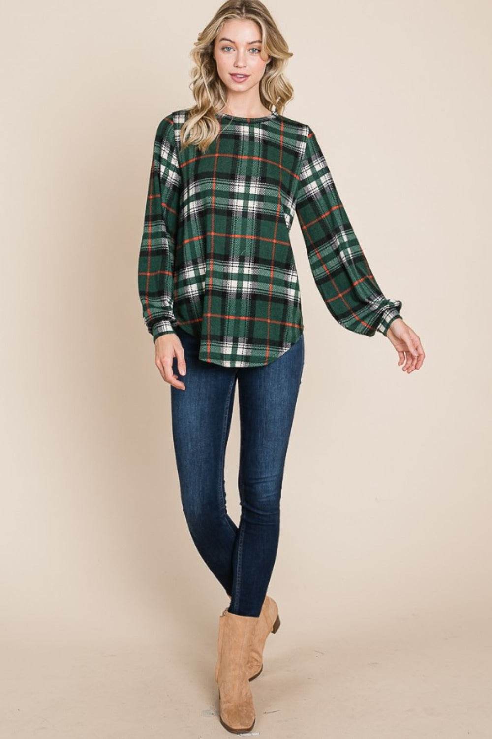 BOMBOM Curved Hem Plaid Round Neck Long Sleeve Top - Amexza