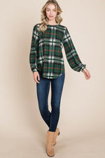BOMBOM Curved Hem Plaid Round Neck Long Sleeve Top - Amexza