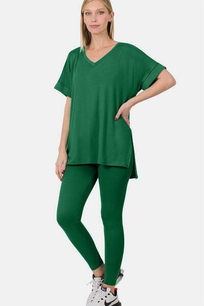 Zenana V-Neck Rolled Short Sleeve T-Shirt and Leggings Lounge Set for a perfect OOTD – dress to impress outfits from Amexza