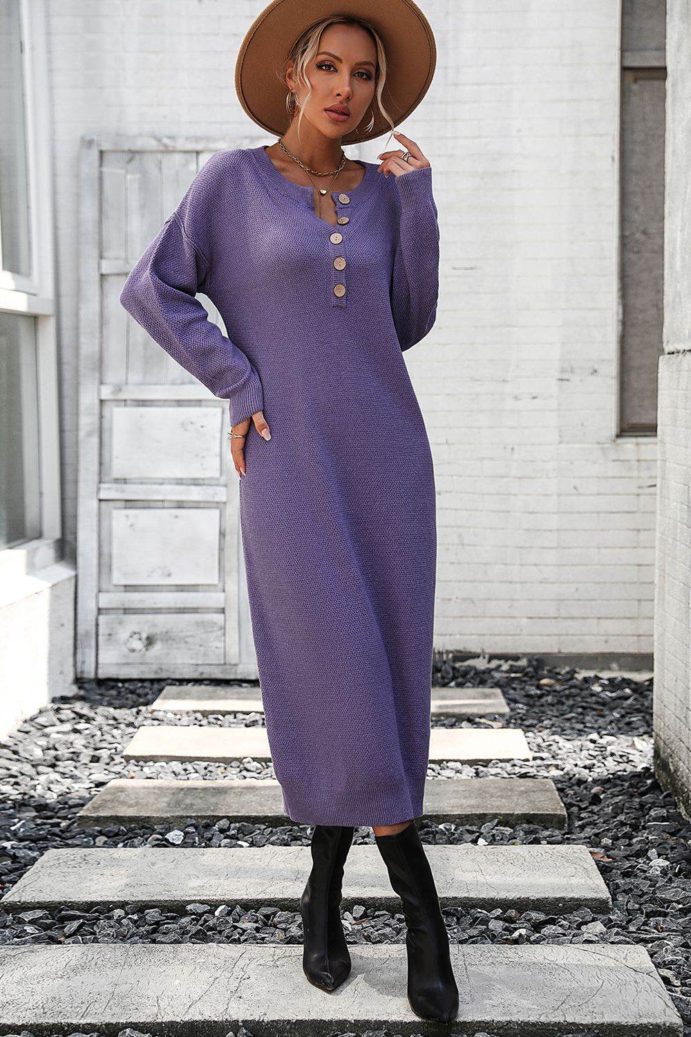 Notched Neck Dropped Shoulder Button-Down Midi Dress Mauve for a perfect OOTD – dress to impress outfits from Amexza