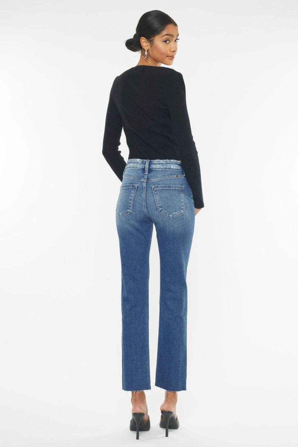 High Rise Wide Waistband Slim Straight Jeans - Amexza