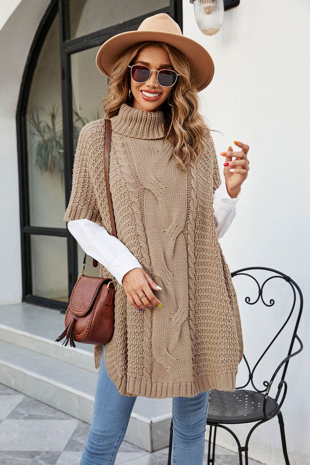 Cable-Knit Turtleneck Slit Sweater Camel for a perfect OOTD – dress to impress outfits from Amexza