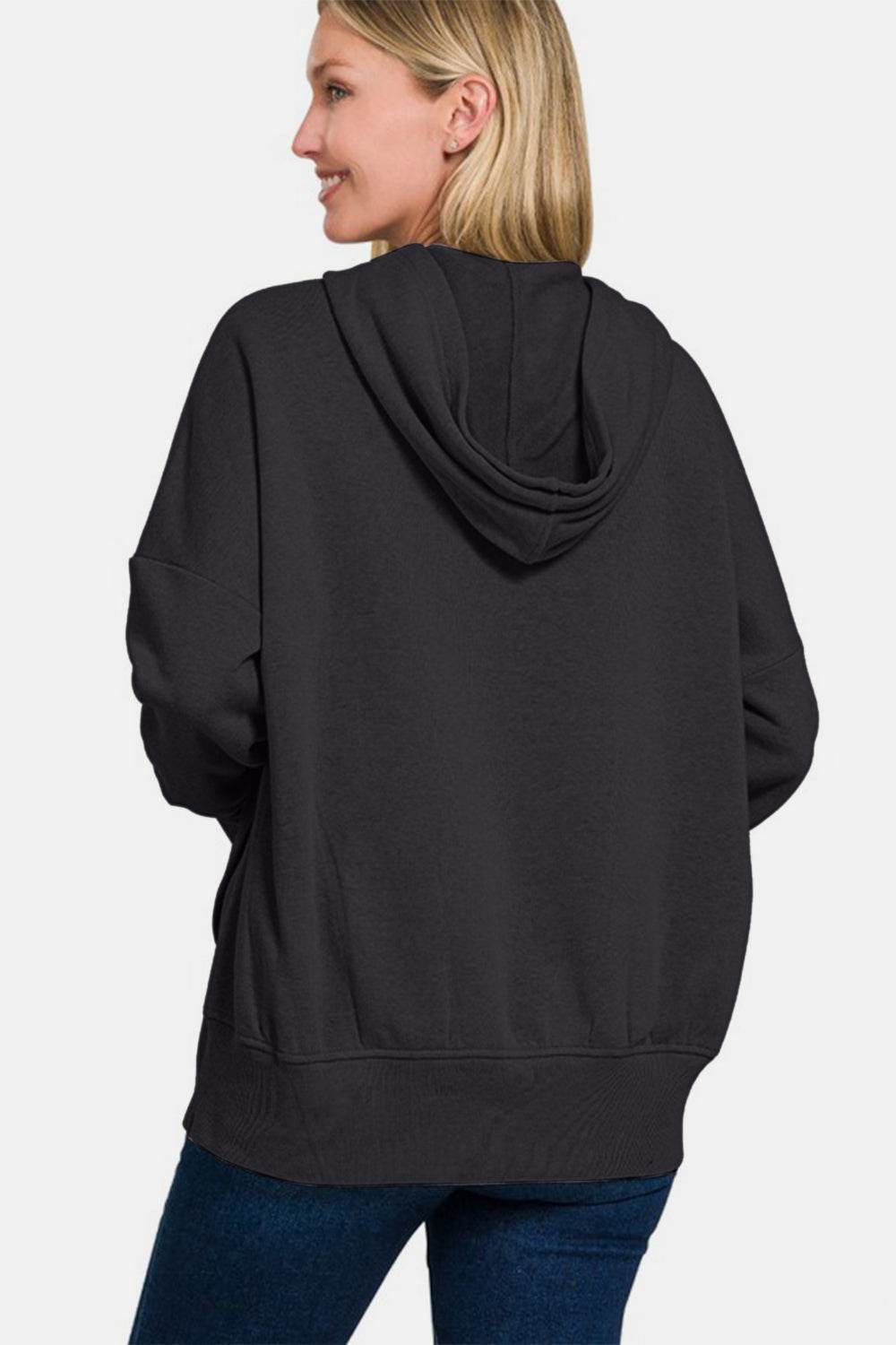 Zenana Half Snap Long Sleeve Hoodie with Kangaroo Pocket for a perfect OOTD – dress to impress outfits from Amexza