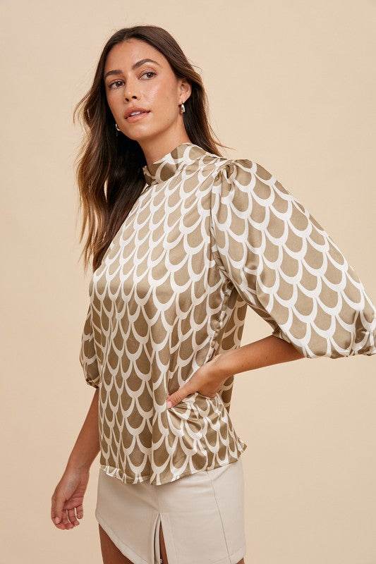 Annie Wear Tie Back Abstract Print Mock Neck Half Sleeve Blouse for a perfect OOTD – dress to impress outfits from Amexza