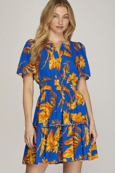 She + Sky Full Size Printed Notched Short Sleeve Frill Tiered Dress Plus Size Royal Blue for a perfect OOTD – dress to impress outfits from Amexza