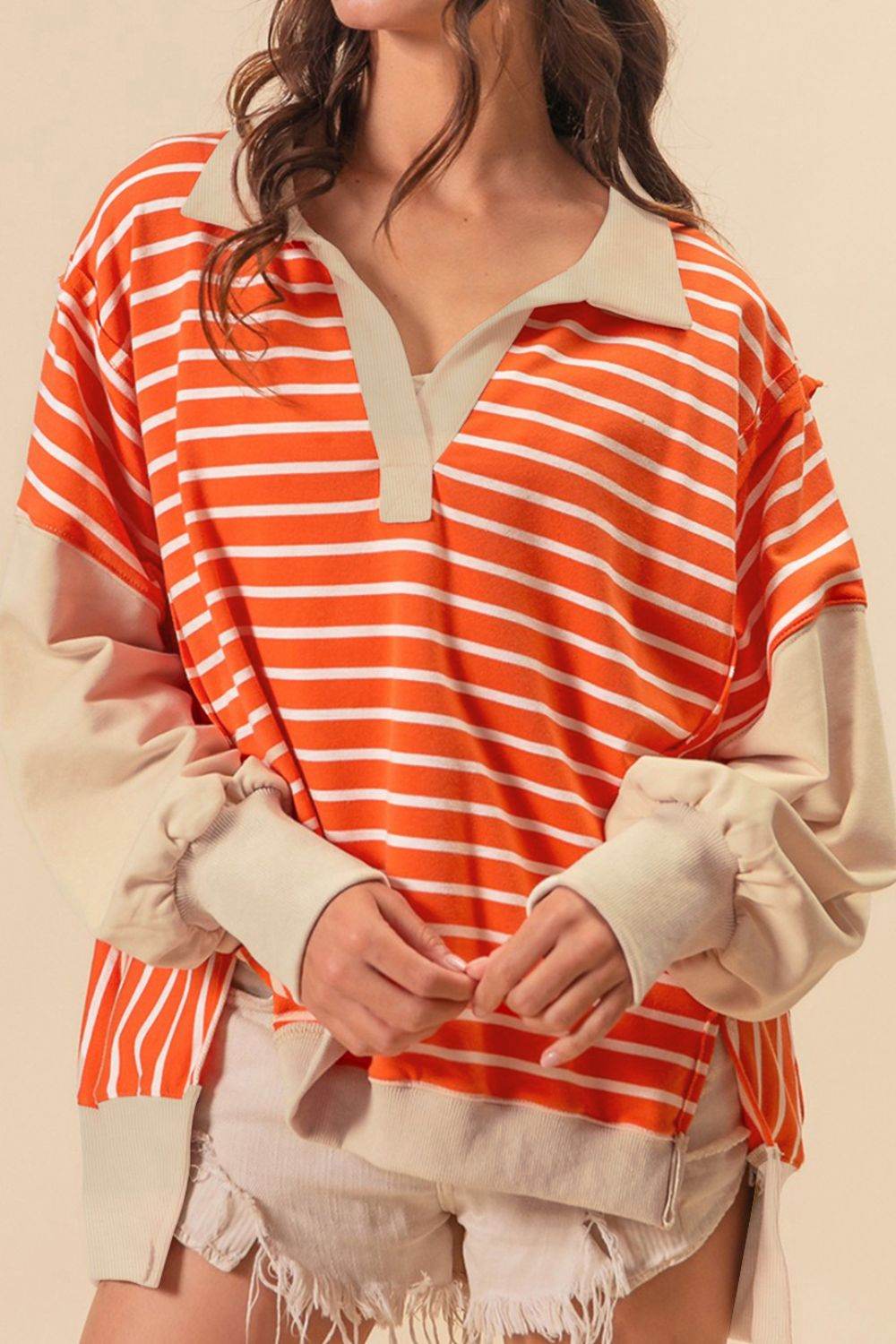 Striped Johnny Collar Long Sleeve Sweatshirt - Amexza