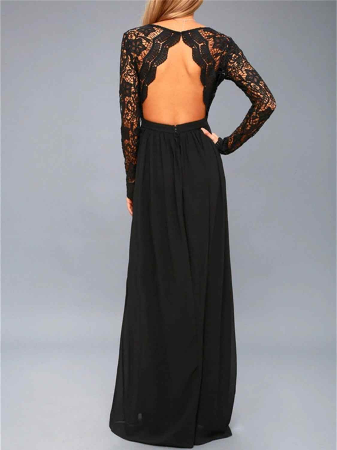 Lace Detail Backless Long Sleeve Maxi Dress for a perfect OOTD – dress to impress outfits from Amexza