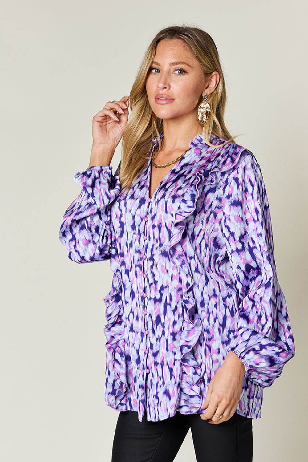 Double Take Full Size Printed Ruffle Trim Balloon Sleeve Shirt - Amexza